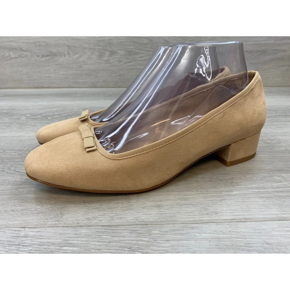 J.Crew Women's Tan Faux Suede Block Heel Bow Pumps Beige 8 Comfort Shoes